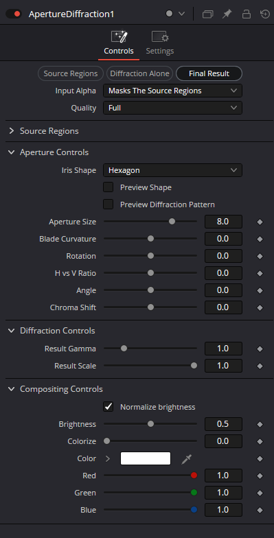 Aperture Diffraction Controls — diagnostic views, Input Alpha, Quality, Aperture, Diffraction and Compositing controls