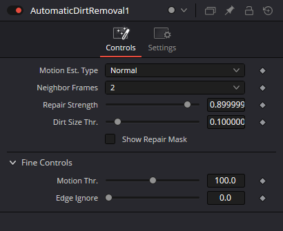 Automatic Dirt Removal Controls в Resolve 21: Motion Est. Type, Neighbor Frames, Repair Strength, Dirt Size Thr., Show Repair Mask, Motion Thr. и Edge Ignore