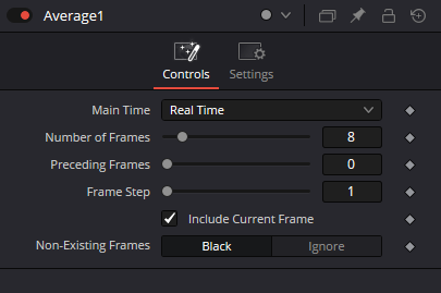 Average Controls in Resolve 21 showing Main Time Real Time, Number of Frames 8, Preceding Frames 0, Frame Step 1, Include Current Frame enabled and Non-Existing Frames Black
