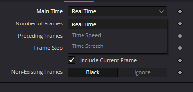 Average Main Time menu in Resolve 21 showing Real Time, Time Speed and Time Stretch