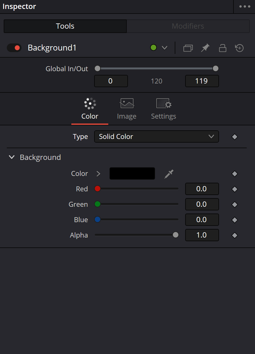 Background Color tab in Resolve 21 showing Type Solid Color and Color RGB Alpha controls