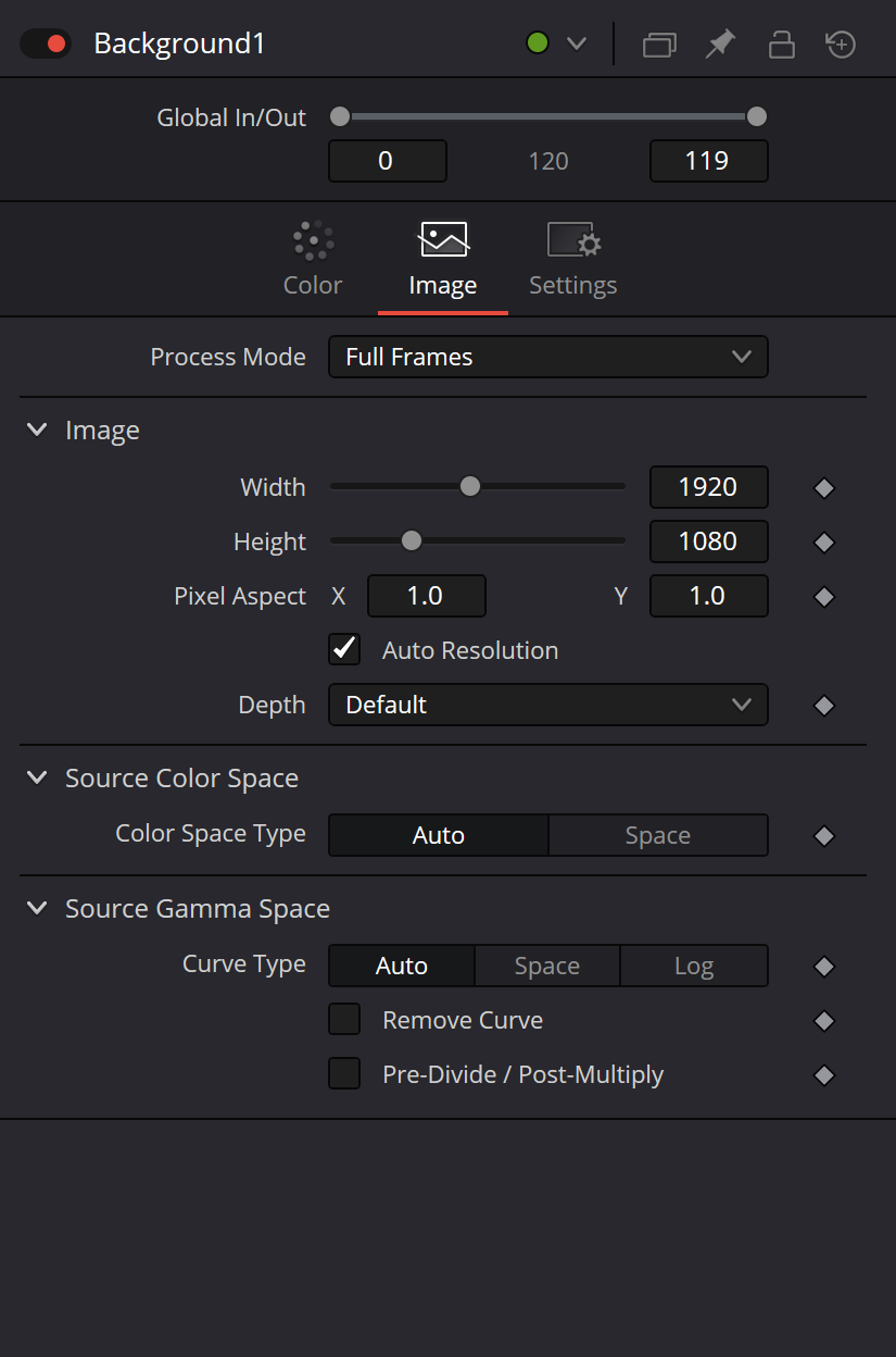 Background Image tab in Resolve 21 showing Process Mode, Width, Height, Pixel Aspect, Auto Resolution, Depth, Source Color Space and Source Gamma Space