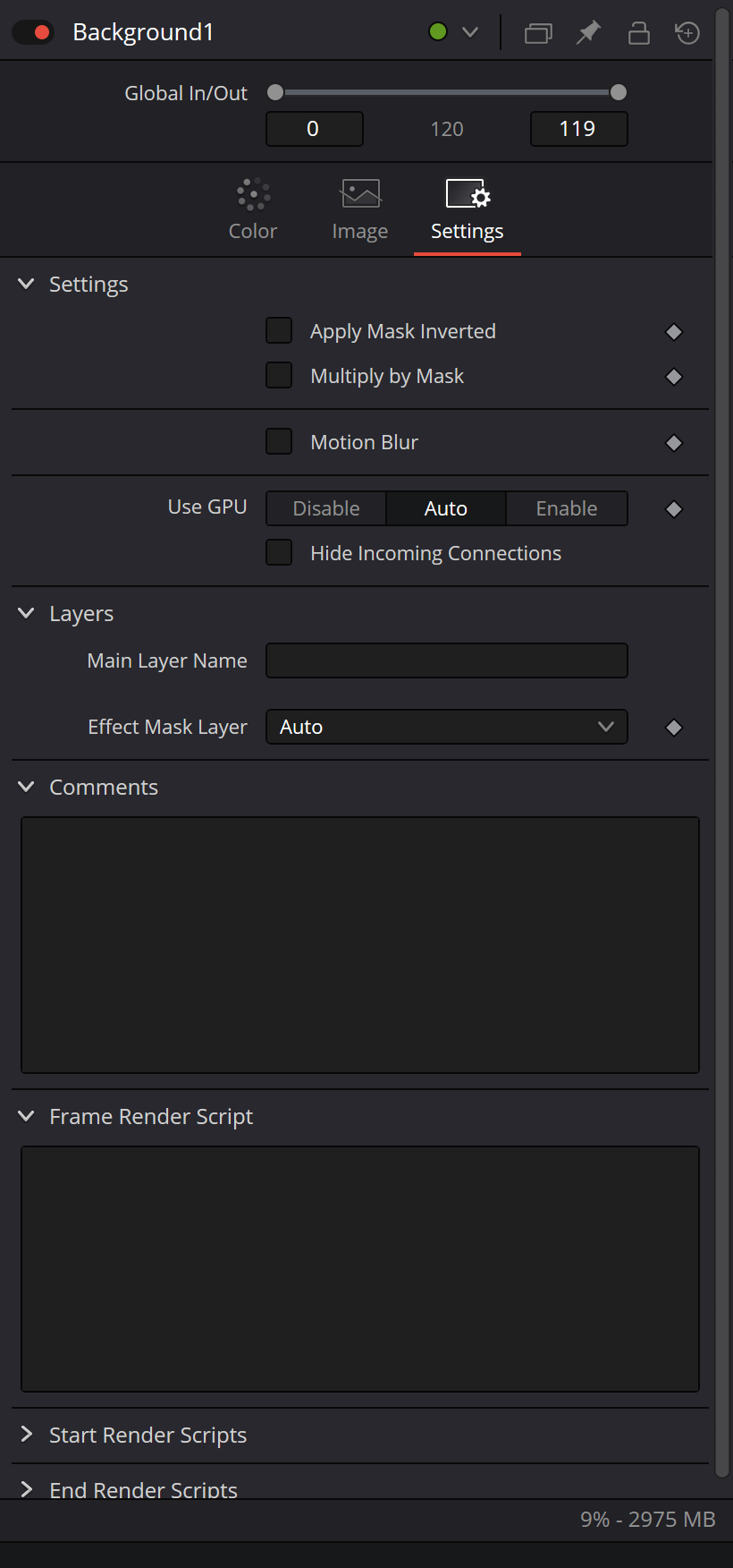 Background Settings tab in Resolve 21 showing mask application, Motion Blur, Use GPU, Layers, Comments and render script controls