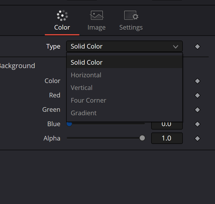 Background Type menu in Resolve 21 showing Solid Color, Horizontal, Vertical, Four Corner and Gradient