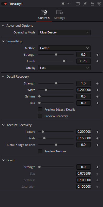 Beauty Ultra Beauty Controls in Resolve 21 showing Smoothing, Detail Recovery, Texture Recovery and Grain