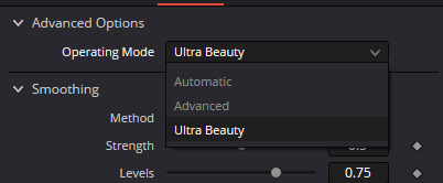 Beauty Operating Mode menu showing Automatic, Advanced and Ultra Beauty