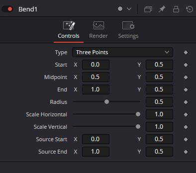 Bend Controls в Resolve 21: Type, Start, Midpoint, End, Radius, Scale Horizontal/Vertical и Source Start/End