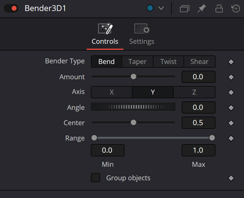 Bender3D Bend — Amount, Axis, Angle, Center, Range и Group objects