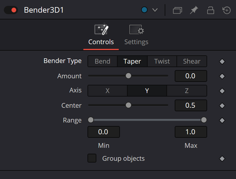 Bender3D Taper — Angle скрыт, Range доступен