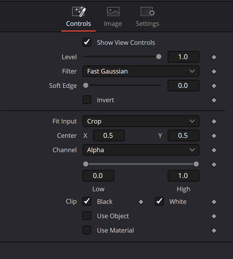 Bitmap Controls — Level, Filter, Soft Edge, Invert, Fit Input, Center, Channel, Low/High, Clip Black/White, Use Object and Use Material