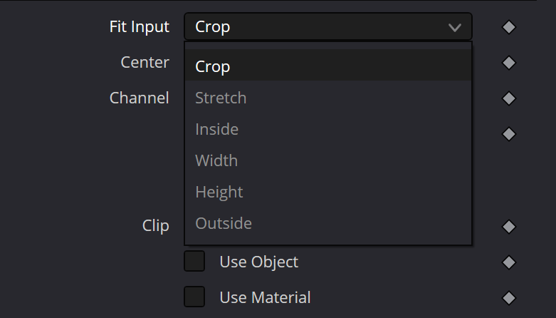 Bitmap Fit Input menu — Crop, Stretch, Inside, Width, Height and Outside