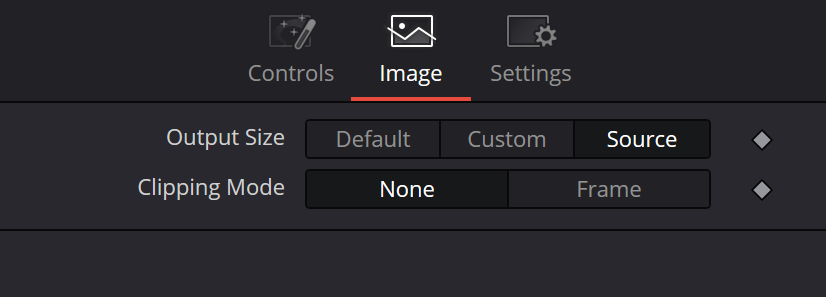 Bitmap Image tab — Output Size Default, Custom, Source and Clipping Mode None/Frame