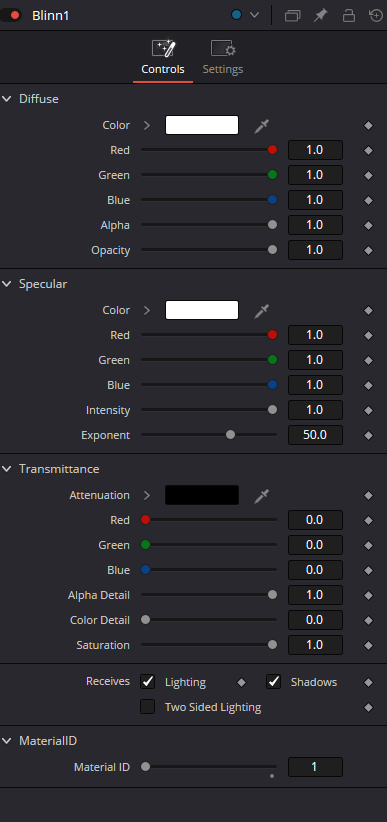 Blinn Controls — Diffuse, Specular, Transmittance, lighting flags and Material ID