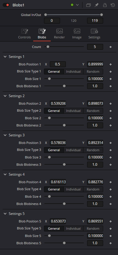 Blobs tab — Count and individual Settings with Position, Size Type, Size and Blobiness