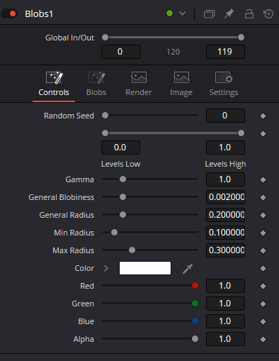 Blobs Controls — Random Seed, Levels, Gamma, General Blobiness, radius range and RGBA color