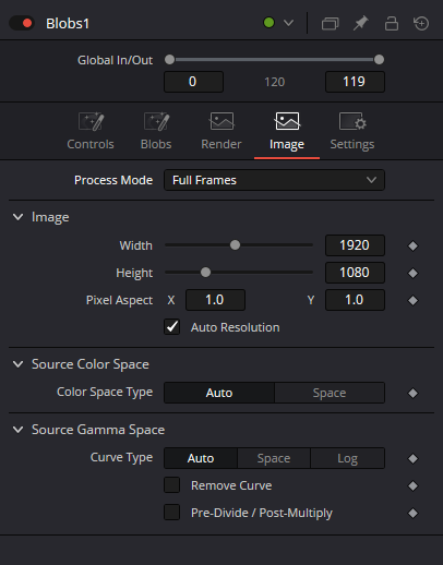 Blobs Image — Process Mode, dimensions, pixel aspect, Auto Resolution and color/gamma controls