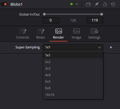 Blobs Render — Super-Sampling menu from 1x1 through 16x16
