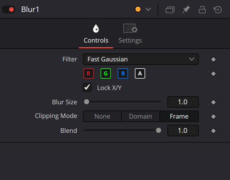 Blur Controls in DaVinci Resolve showing Filter, RGBA channels, Lock X/Y, Blur Size, Clipping Mode and Blend