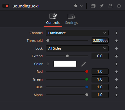 BoundingBox Controls in DaVinci Resolve showing Channel, Threshold, Lock, Extend and RGBA Color