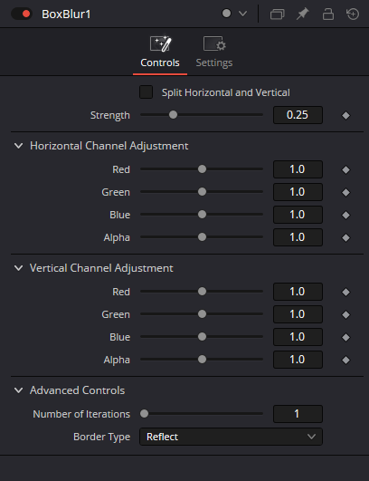 BoxBlur Controls: Split Horizontal and Vertical, Strength, Horizontal/Vertical Channel Adjustment и Advanced Controls