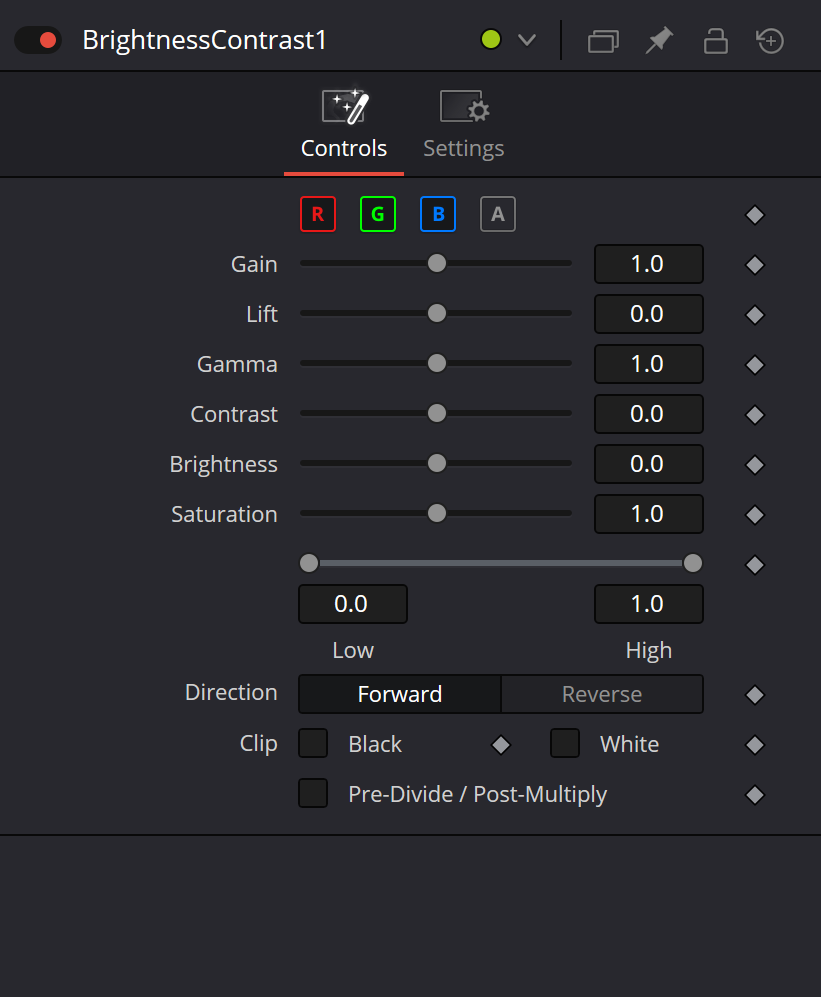 Brightness/Contrast Controls: RGBA, Gain, Lift, Gamma, Contrast, Brightness, Saturation, Low/High, Direction, Clip and Pre-Divide/Post-Multiply