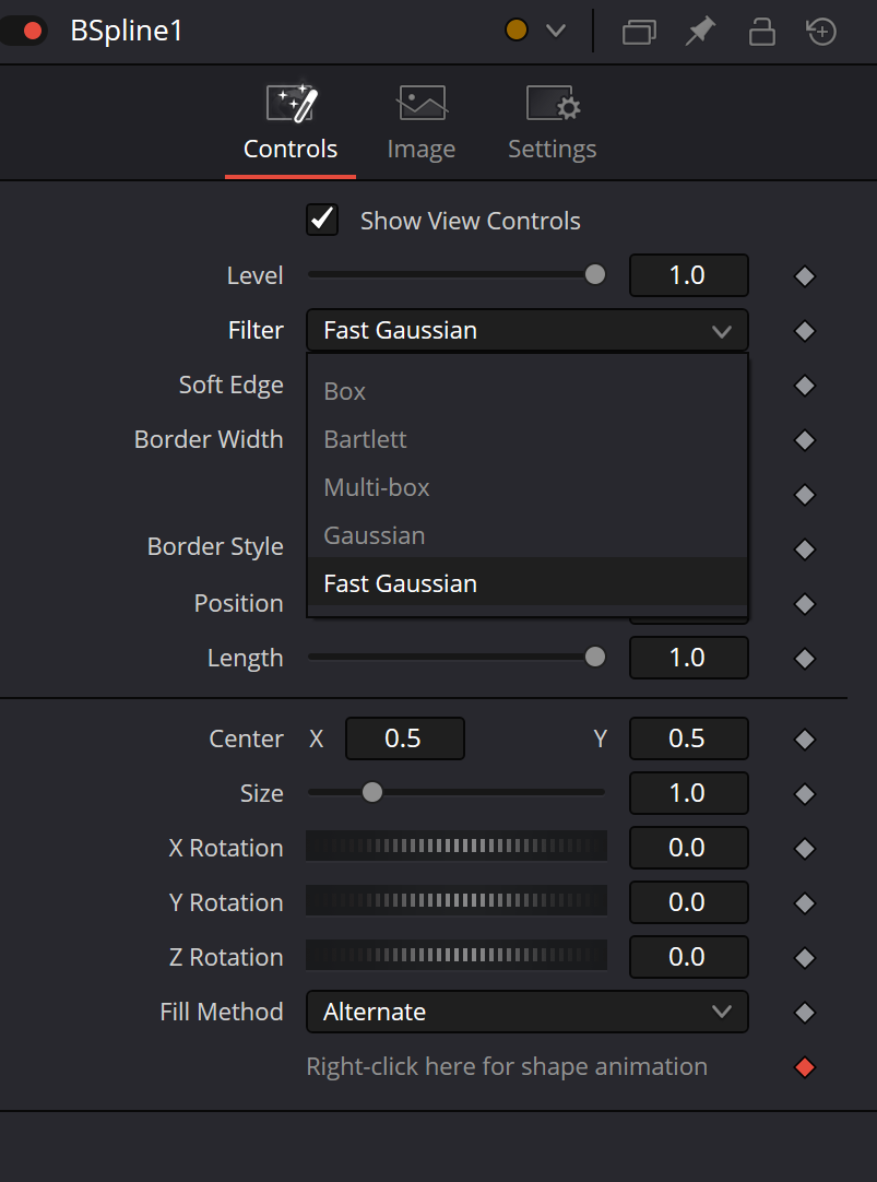B-Spline Controls с раскрытым меню Filter: Box, Bartlett, Multi-box, Gaussian и Fast Gaussian