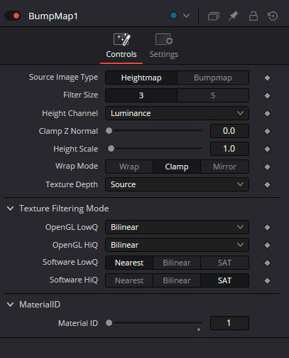 BumpMap Controls: Source Image Type, Filter Size, Height Channel, Clamp Z Normal, Height Scale, Wrap Mode, Texture Depth, Texture Filtering Mode and Material ID