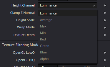 BumpMap Height Channel menu: Luminance, Average, Max, Min, Red, Green, Blue and Alpha