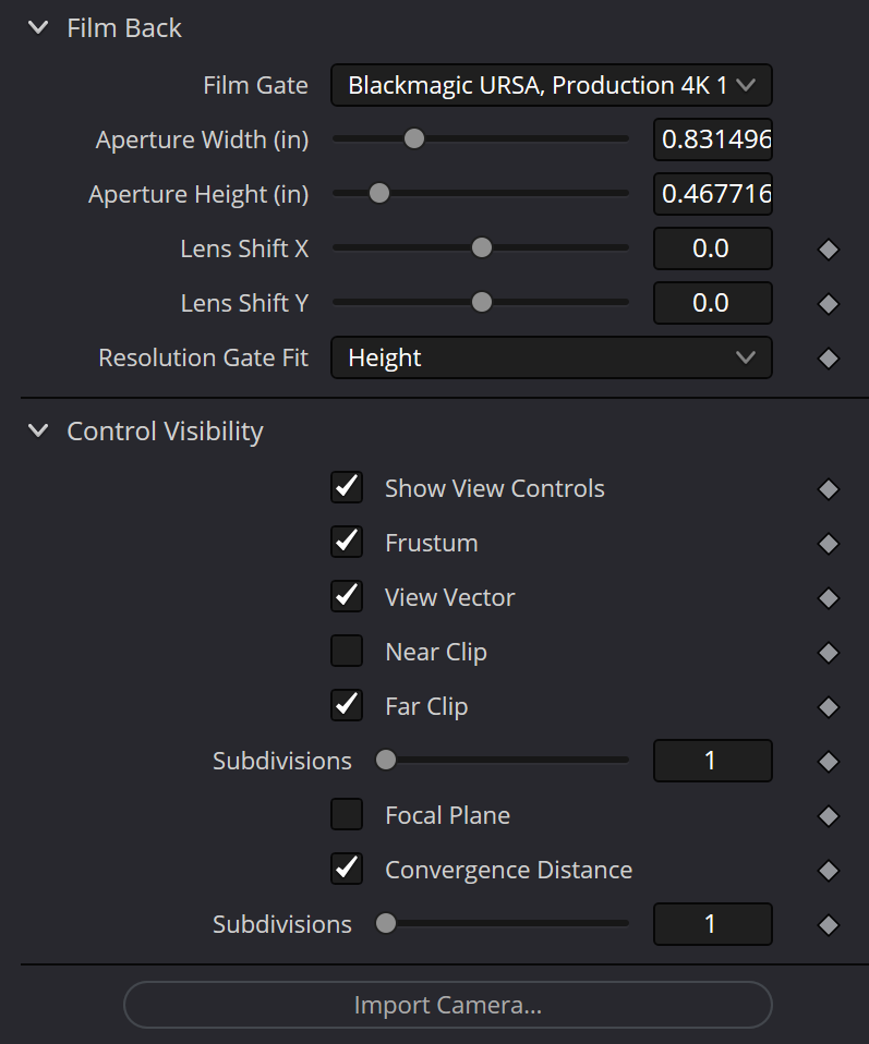 Camera3D Control Visibility: frustum, view vector, clipping and focus guides
