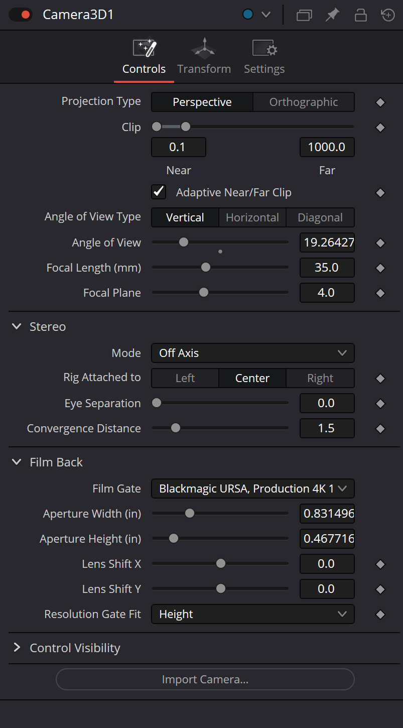 Camera3D Controls: projection, clipping, lens, stereo and film back