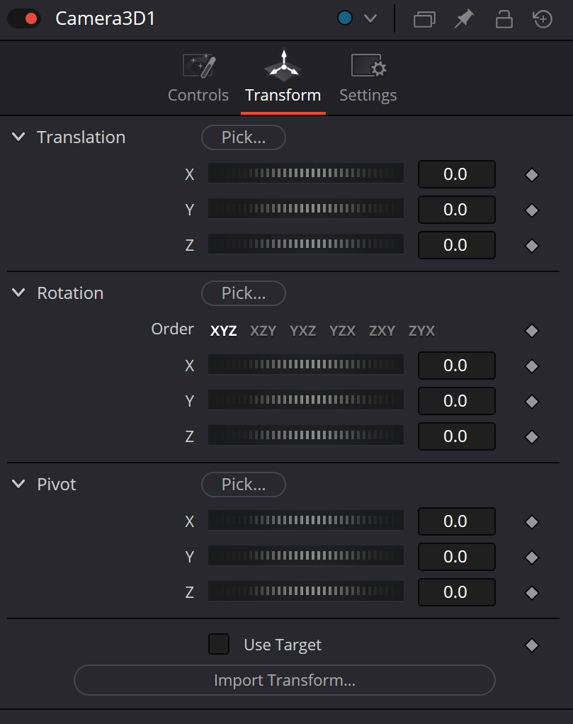 Camera3D Transform: translation, rotation, pivot and target