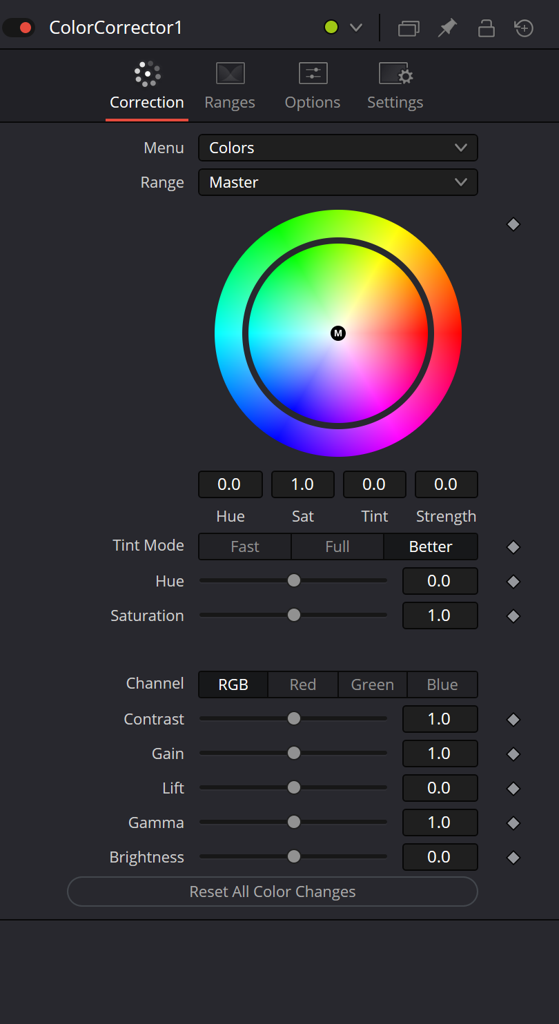 Реальный Inspector Color Corrector, Correction > Colors: круг, Range, Tint Mode, RGB Channel, Contrast, Gain, Lift, Gamma, Brightness