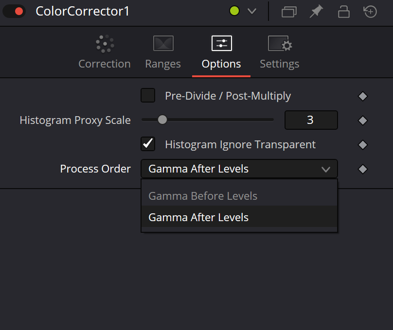 Реальный Inspector Options: Pre-Divide, Histogram Proxy, Ignore Transparent, Gamma order dropdown