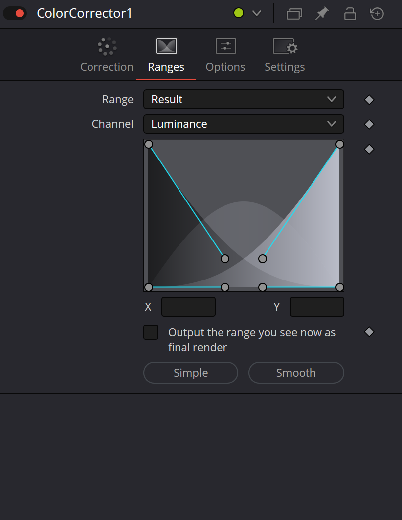 Реальный Inspector Ranges: Range, Channel, Spline, X/Y, Output range, Simple/Smooth