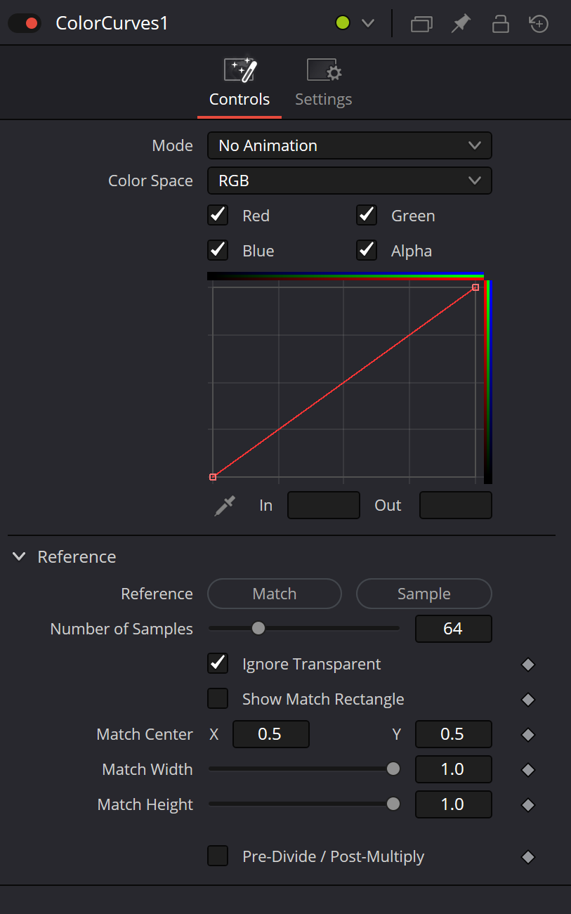 Оригинальный Inspector Color Curves: Controls с прямой LUT, Reference и Pre-Divide/Post-Multiply
