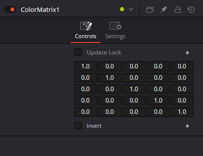Оригинальный Inspector ColorMatrix с единичной матрицей 5×5, Update Lock и Invert.