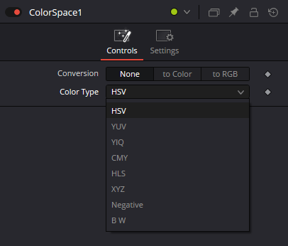Оригинальный Inspector ColorSpace1: Conversion None/to Color/to RGB и раскрытое меню восьми Color Type