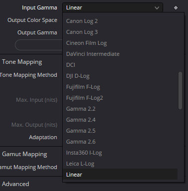 Оригинальный Input Gamma: Canon Log 2/3, DaVinci Intermediate, Linear.