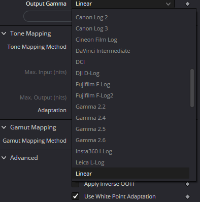 Оригинальный Output Gamma: меню кривых, включая Gamma 2.4.