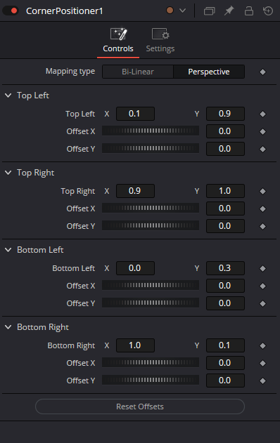 Подлинный Inspector CornerPositioner: Mapping Type, четыре пары X/Y, независимые Offset и Reset Offsets.