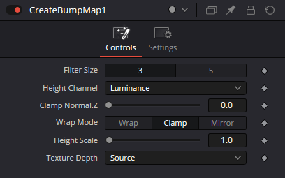 CreateBumpMap Controls: Filter Size, Height Channel, Clamp Normal.Z, Wrap Mode, Height Scale and Texture Depth