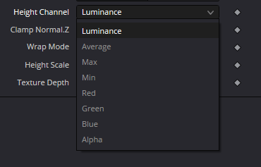 CreateBumpMap Height Channel menu: Luminance, Average, Max, Min, Red, Green, Blue and Alpha