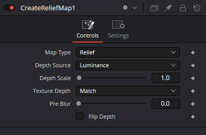 CreateReliefMap Controls: Map Type, Depth Source, Depth Scale, Texture Depth, Pre Blur and Flip Depth