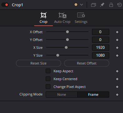 Crop Controls в Resolve: X/Y Offset, X/Y Size, Reset Size, Reset Offset, Keep Aspect, Keep Centered, Change Pixel Aspect и Clipping Mode
