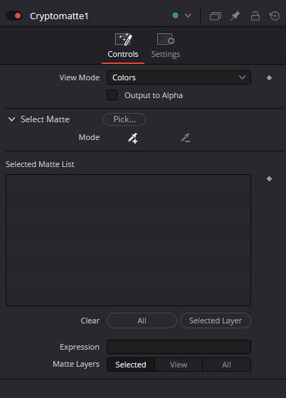 Cryptomatte Controls: View Mode, Output to Alpha, Pick, Add/Remove, Selected Matte List, Clear, Expression и Matte Layers
