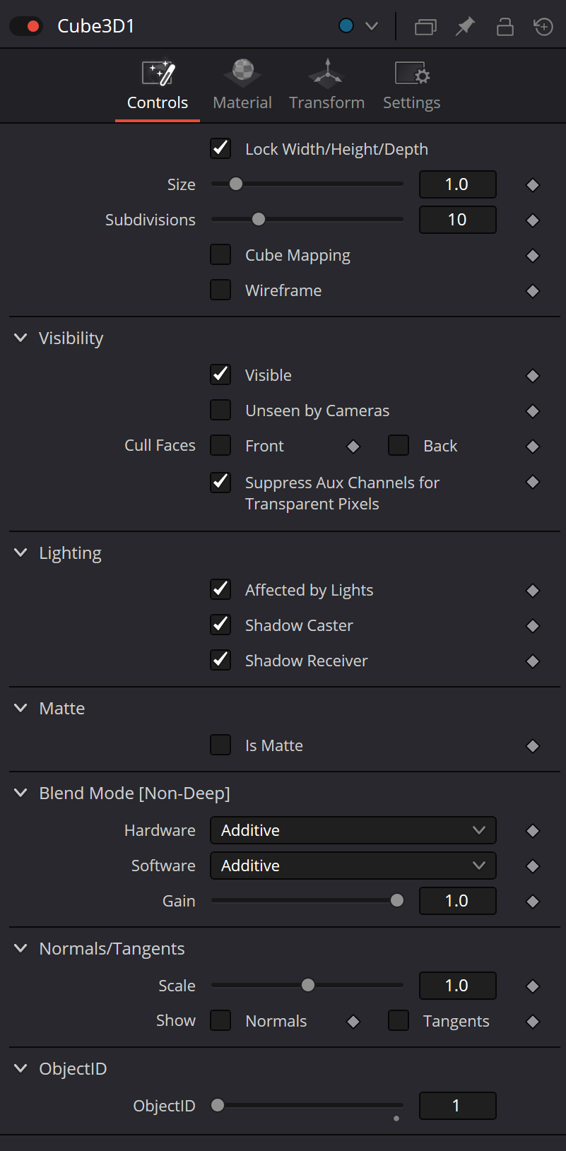 Cube3D Controls: dimensions, subdivisions, Cube Mapping, Wireframe, visibility, lighting, matte, blend, normals/tangents and ObjectID