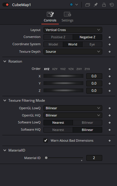 CubeMap Controls: Layout, Convention, Coordinate System, Texture Depth, Rotation, renderer-specific filtering, Warn About Bad Dimensions и Material ID