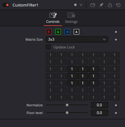 CustomFilter Controls: RGBA switches, Matrix Size, Update Lock, 7×7 Filter Matrix, Normalize and Floor level