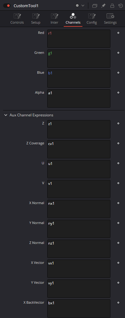 CustomTool — Channels: RGBA defaults and visible Z/Z Coverage/UV/normal/vector auxiliary expressions.