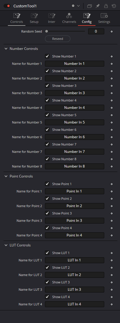 CustomTool — Config: Random Seed, Reseed and Show/Name Number/Point/LUT controls.